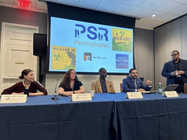 Moderator Evlondo Cooper and panelists Charles Ellison, Jordan Gass-Poorè, Bilal Motley and Tammy Murphy discuss reporting on environmental justice at a recent Society of Environmental Journalists conference